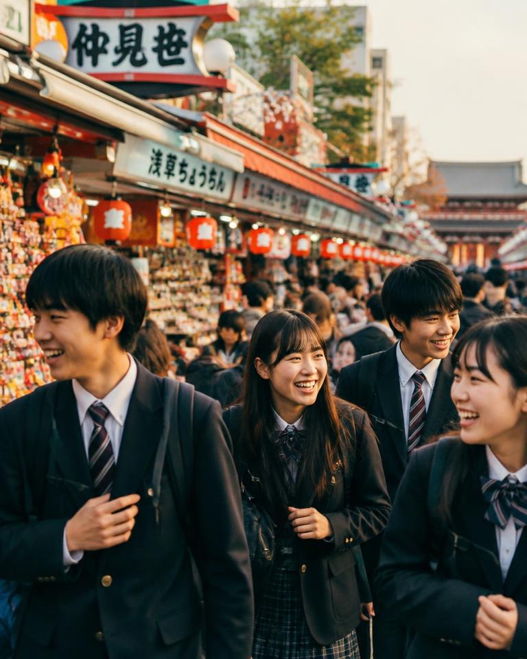 Students exploring a Tokyo market