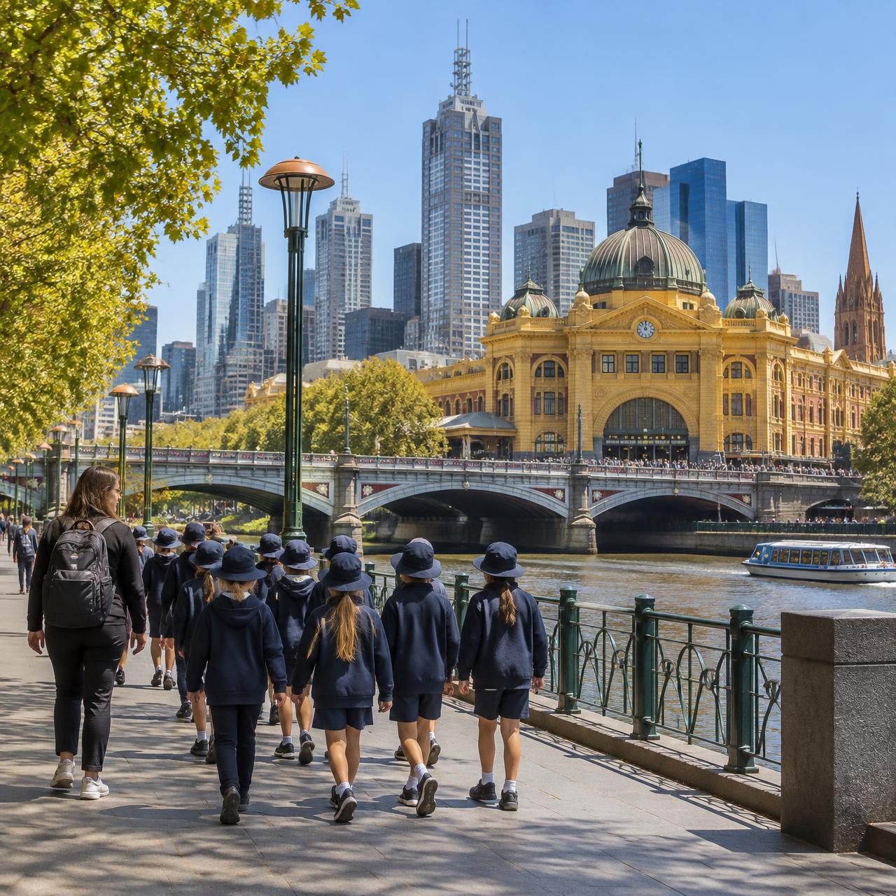 Primary school children by the Yarra River near Flinders Street Station